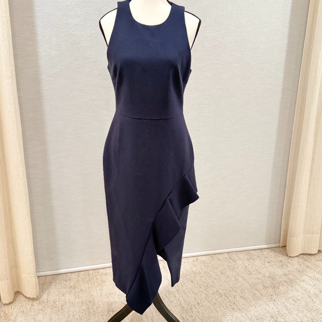 Cinq Sept Navy Sleeveless Asymmetrical Ruffle Midi Dress Size 10
